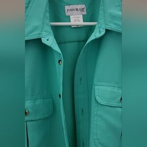 John Blair Mens Button-Up Shirt Teal/Green Textured Pockets XL